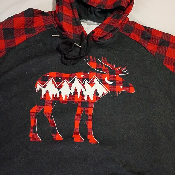 Ugly Christmas Hoodie Men's MOOSE Buffalo Plaid XL Lightweight Red/Black - Picture 2 of 6